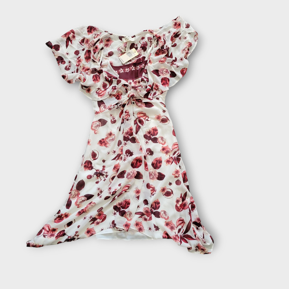 Max Studio London Floral-Print Ivory Burgundy Flounce Chiffon Dress Women Sz 0 - Picture 2 of 8
